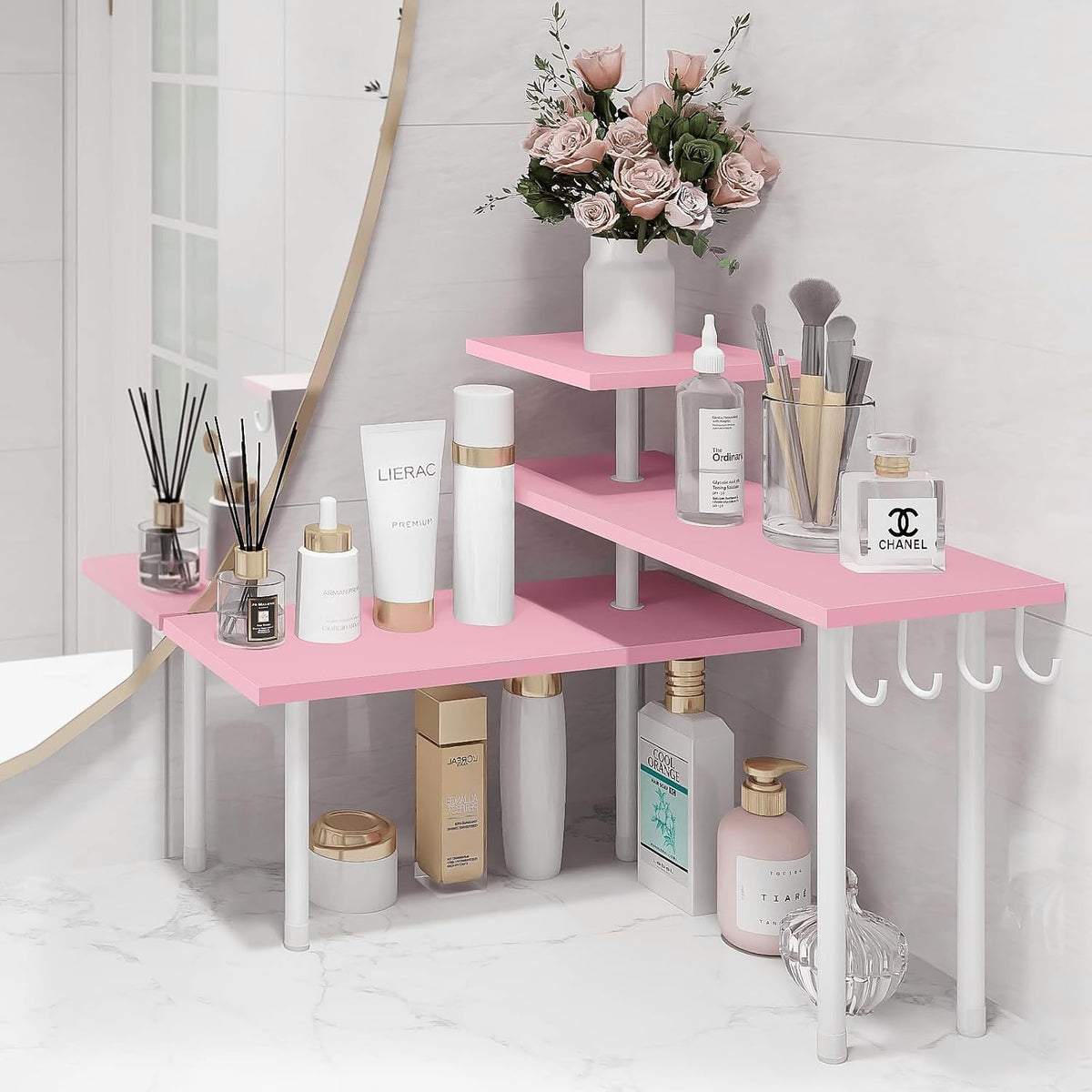 3-Tier Counter Organizer Shelf for Bathroom, Corner Shelf for Countertop, Over Sink, Make Up, Dresser Table, Desktop - Pink