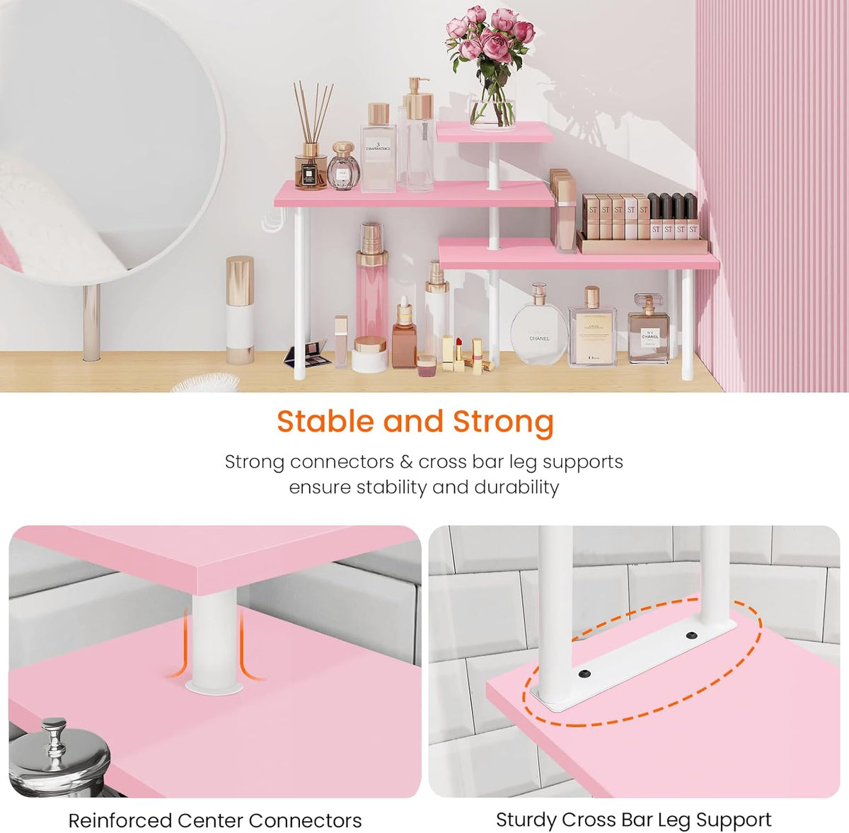 3-Tier Counter Organizer Shelf for Bathroom, Corner Shelf for Countertop, Over Sink, Make Up, Dresser Table, Desktop - Pink