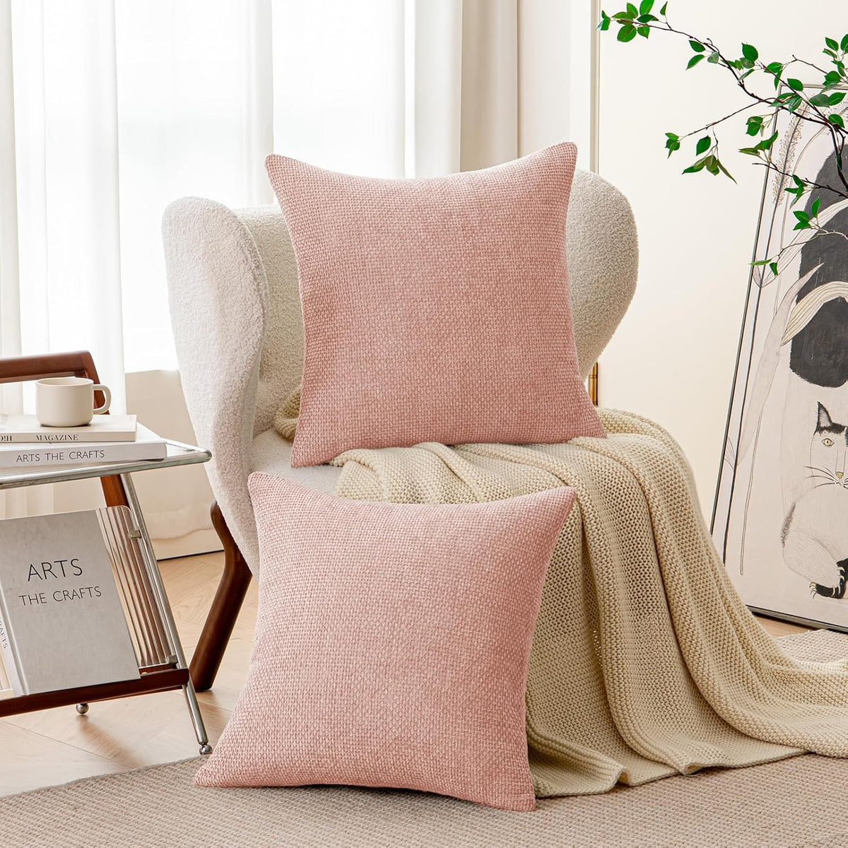 Pink Spring Chenille Throw Pillow Covers 20x20 Inch Pack of 2 Modern Decorative Throw Pillow Covers Farmhouse Cross Covers Home Decor for Sofa Bedroom Living Room