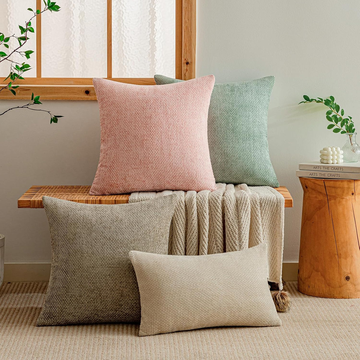 Pink Spring Chenille Throw Pillow Covers 20x20 Inch Pack of 2 Modern Decorative Throw Pillow Covers Farmhouse Cross Covers Home Decor for Sofa Bedroom Living Room