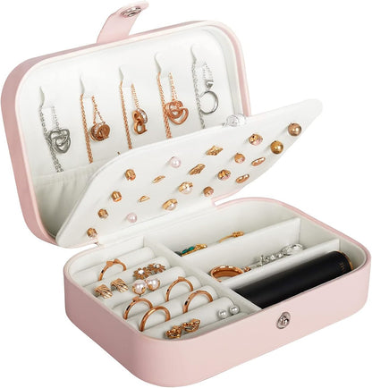 Hatori Travel Jewelry Box, PU Leather Small Jewelry Organizer for Women Girls, Double Layer Portable Mini Travel Case Display Storage Holder Boxes for Stud Earrings, Rings (Pink)
