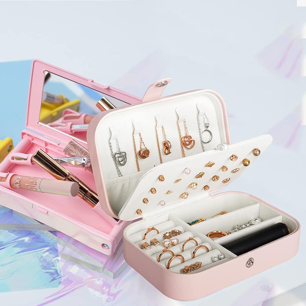 Hatori Travel Jewelry Box, PU Leather Small Jewelry Organizer for Women Girls, Double Layer Portable Mini Travel Case Display Storage Holder Boxes for Stud Earrings, Rings (Pink)
