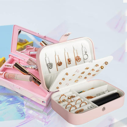 Hatori Travel Jewelry Box, PU Leather Small Jewelry Organizer for Women Girls, Double Layer Portable Mini Travel Case Display Storage Holder Boxes for Stud Earrings, Rings (Pink)