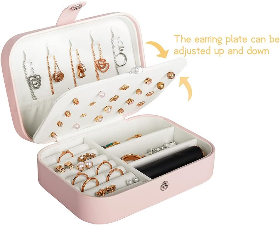 Hatori Travel Jewelry Box, PU Leather Small Jewelry Organizer for Women Girls, Double Layer Portable Mini Travel Case Display Storage Holder Boxes for Stud Earrings, Rings (Pink)