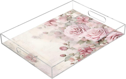 Plastic Food Serving Tray Decorative Vanity Trays for Bathroom Pink Rose Retro Coffee Table Kitchen Counter 11.8 * 15.7in