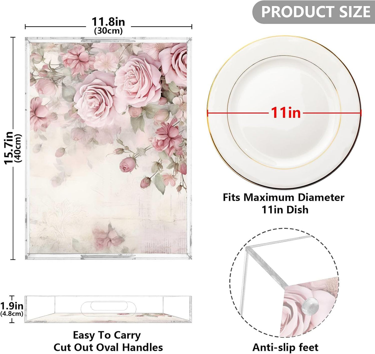 Plastic Food Serving Tray Decorative Vanity Trays for Bathroom Pink Rose Retro Coffee Table Kitchen Counter 11.8 * 15.7in