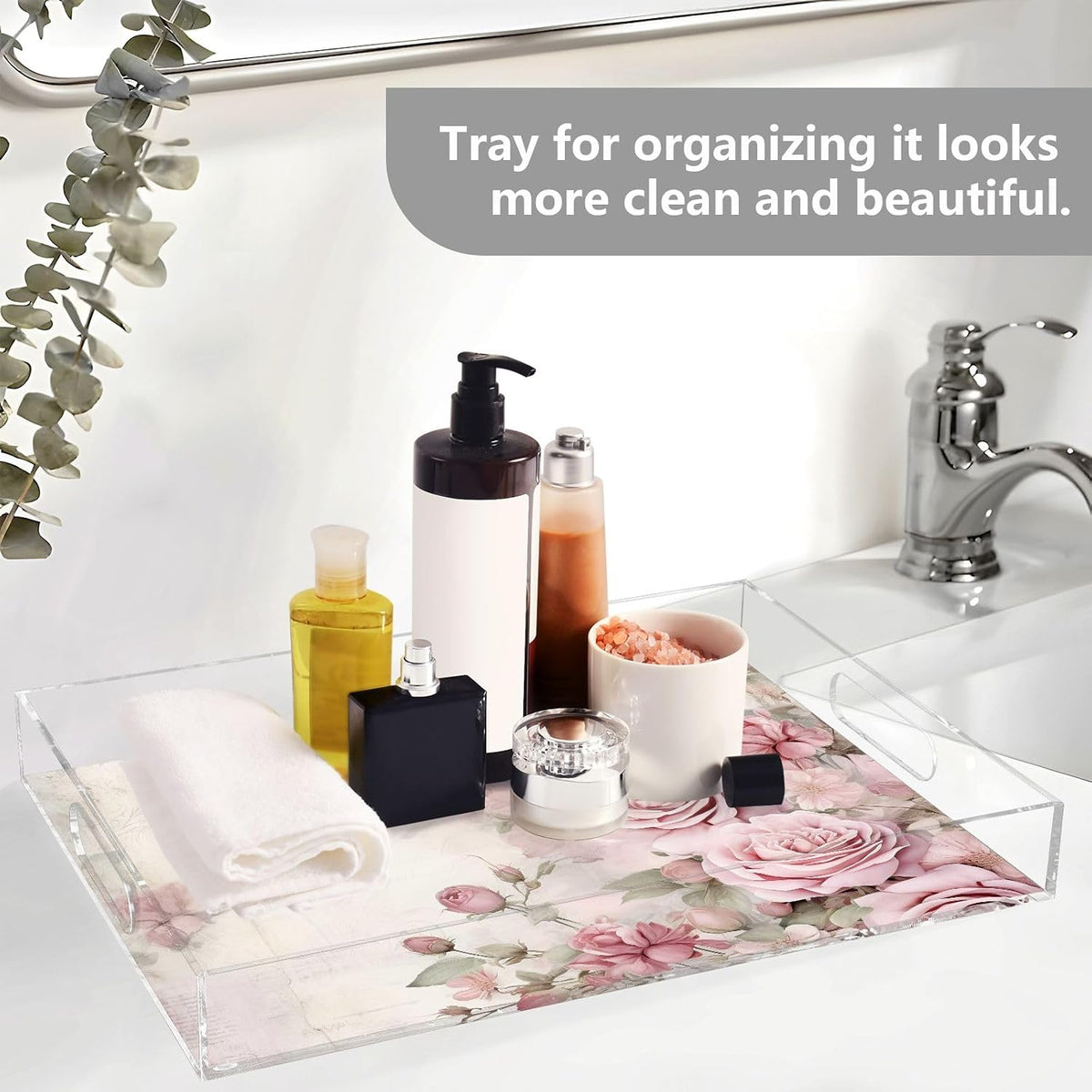 Plastic Food Serving Tray Decorative Vanity Trays for Bathroom Pink Rose Retro Coffee Table Kitchen Counter 11.8 * 15.7in