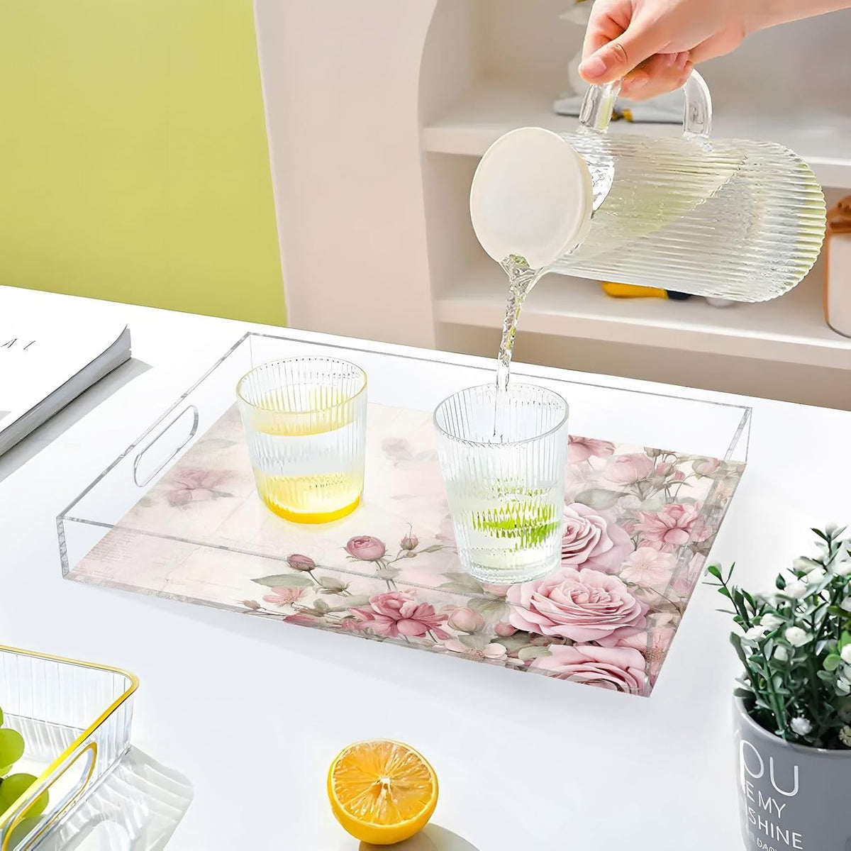 Plastic Food Serving Tray Decorative Vanity Trays for Bathroom Pink Rose Retro Coffee Table Kitchen Counter 11.8 * 15.7in