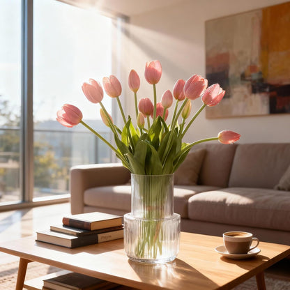15 Pcs Deep Pink Artificial Tulips with Soft Touch Petals, Natural-Looking