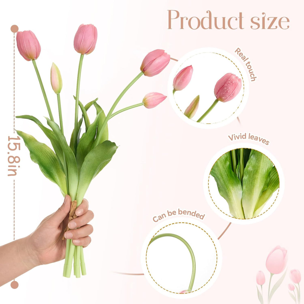 15 Pcs Deep Pink Artificial Tulips with Soft Touch Petals, Natural-Looking