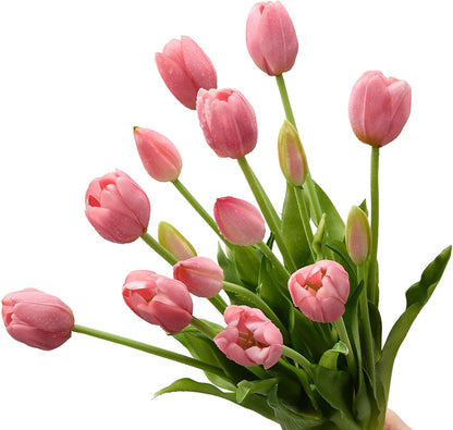 15 Pcs Deep Pink Artificial Tulips with Soft Touch Petals, Natural-Looking