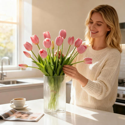 15 Pcs Deep Pink Artificial Tulips with Soft Touch Petals, Natural-Looking