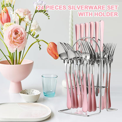 24 Pieces Silverware Set, Stainless Steel Cutlery Set with Holder