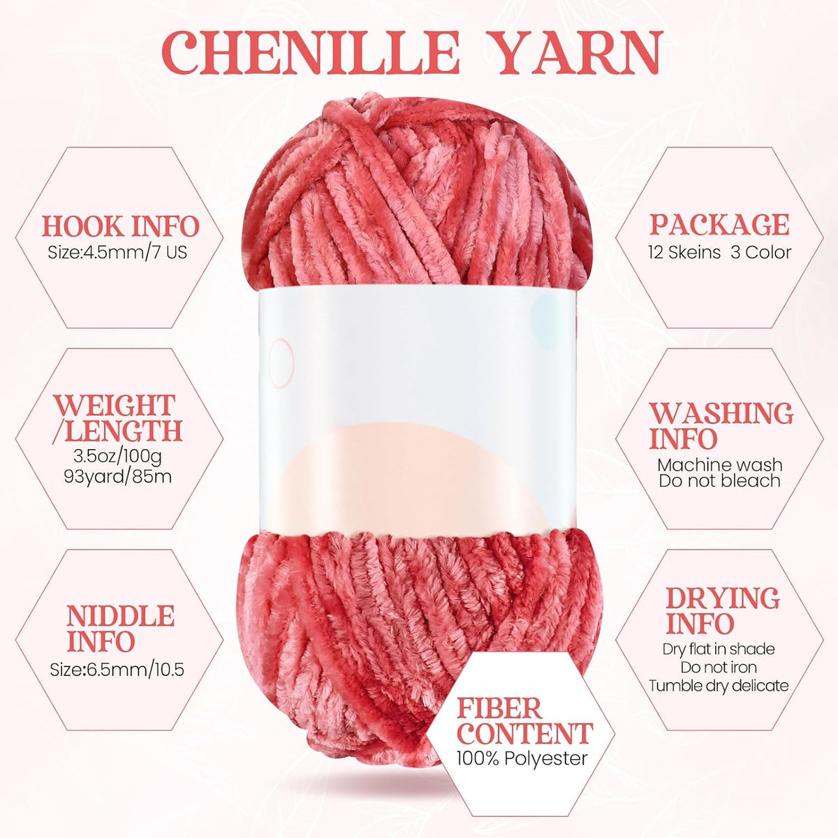 12 Skeins 1116 Yards Chenille Velvet Soft Thick Plush Yarn Bulk for Crocheting Knitting Blanket DIY Weaving Craft, 6mm, 3.5 Oz/Skein(Pink Series)