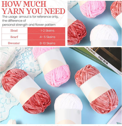 12 Skeins 1116 Yards Chenille Velvet Soft Thick Plush Yarn Bulk for Crocheting Knitting Blanket DIY Weaving Craft, 6mm, 3.5 Oz/Skein(Pink Series)