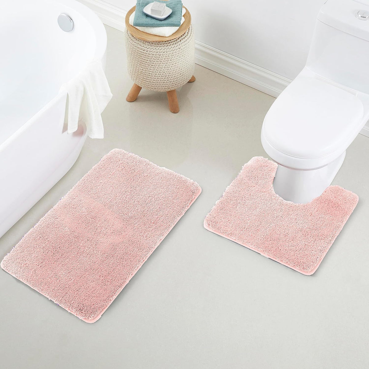 YHF Bathroom Rug Set 2Piece, Thick &Soft Microfiber Shaggy, U Shaped Contour, Machine Washable Bath Mats, Absorbent Bath Rugs, Non-slip Rubber Backing Bath Mat for Bathroom Floor, Tub and Shower, Pink