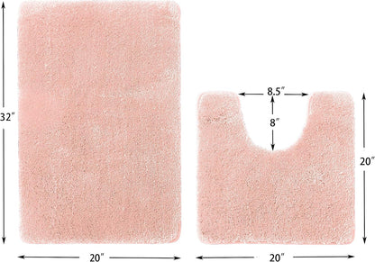 YHF Bathroom Rug Set 2Piece, Thick &Soft Microfiber Shaggy, U Shaped Contour, Machine Washable Bath Mats, Absorbent Bath Rugs, Non-slip Rubber Backing Bath Mat for Bathroom Floor, Tub and Shower, Pink