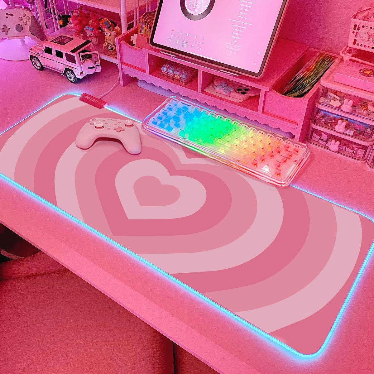 Pink Love Heart RGB Gaming Mouse Pad 31.5x12 Inch Cute Mousepad PC XL Large Extended Glowing Led Light Up Desk Pad Non-Slip Rubber Base Computer Mat Desk Accessories Gaming Setup
