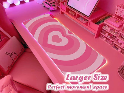 Pink Love Heart RGB Gaming Mouse Pad 31.5x12 Inch Cute Mousepad PC XL Large Extended Glowing Led Light Up Desk Pad Non-Slip Rubber Base Computer Mat Desk Accessories Gaming Setup