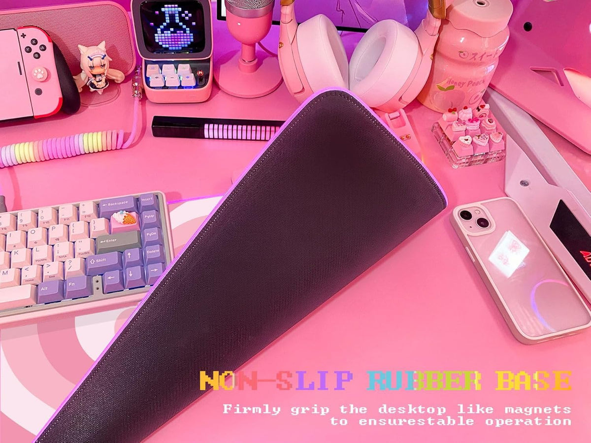 Pink Love Heart RGB Gaming Mouse Pad 31.5x12 Inch Cute Mousepad PC XL Large Extended Glowing Led Light Up Desk Pad Non-Slip Rubber Base Computer Mat Desk Accessories Gaming Setup