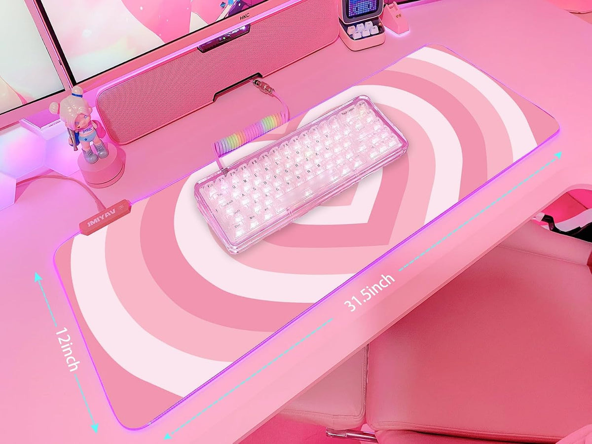 Pink Love Heart RGB Gaming Mouse Pad 31.5x12 Inch Cute Mousepad PC XL Large Extended Glowing Led Light Up Desk Pad Non-Slip Rubber Base Computer Mat Desk Accessories Gaming Setup