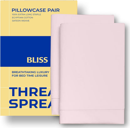 100% Egyptian Cotton Pillow Cases Queen Size Set of 2 - Luxury 600 Series Bliss Collection Queen Pillow Cases (Blush), Soft Cooling Hotel Cotton Pillowcases, Sateen Finish