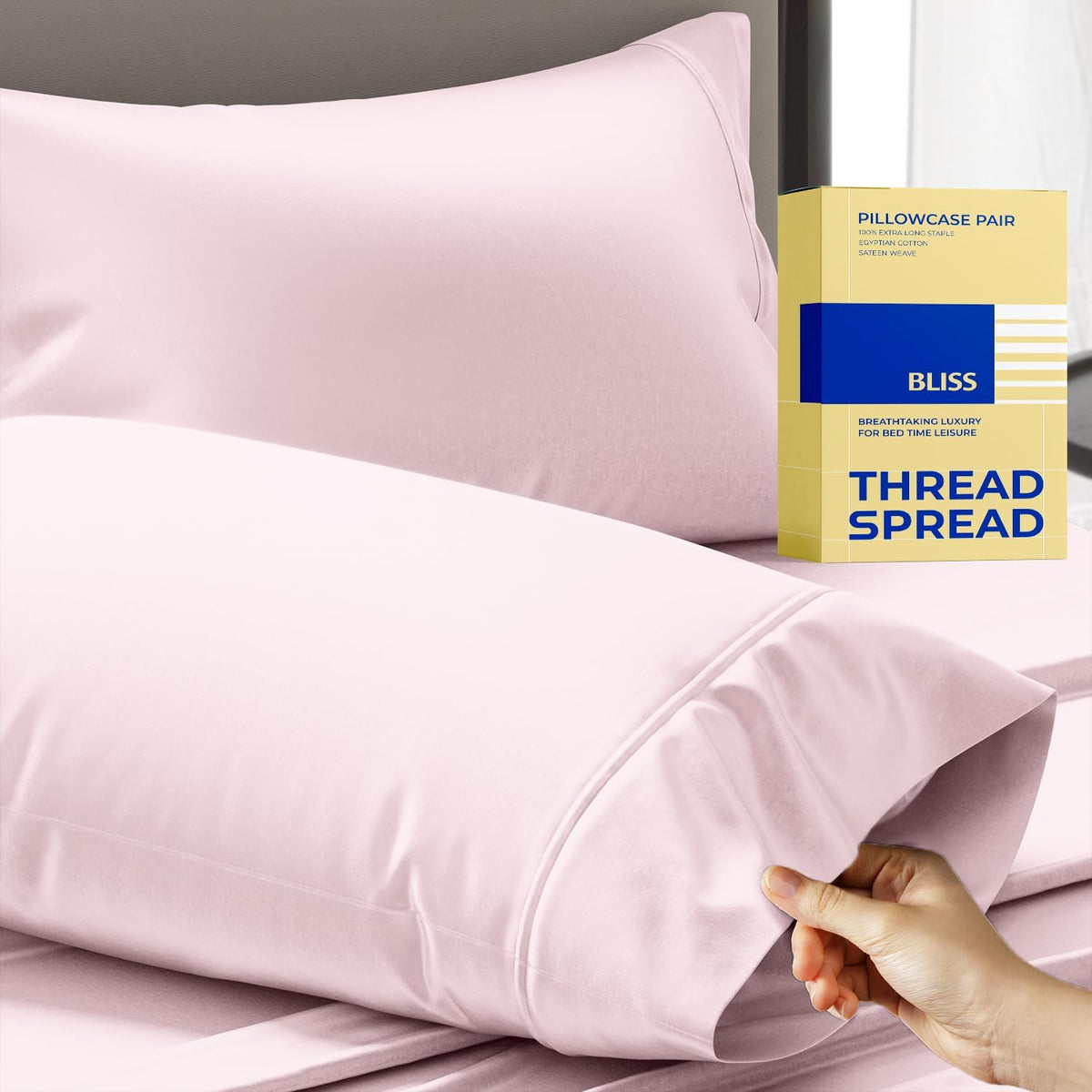 100% Egyptian Cotton Pillow Cases Queen Size Set of 2 - Luxury 600 Series Bliss Collection Queen Pillow Cases (Blush), Soft Cooling Hotel Cotton Pillowcases, Sateen Finish