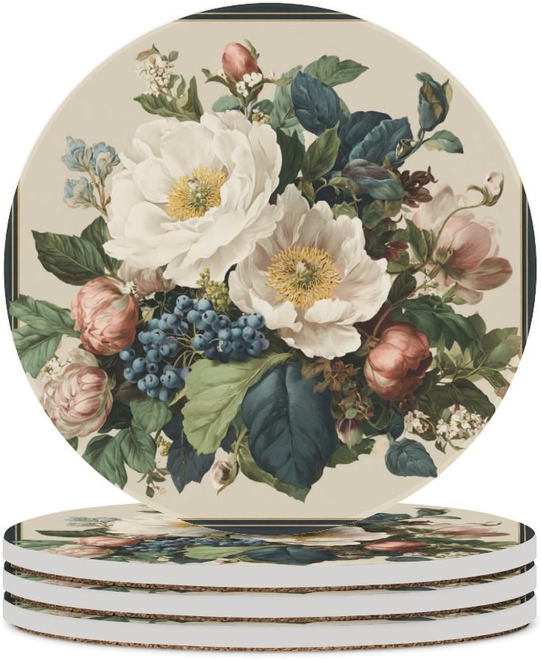 White Pink Flowers Blue Berries on Light Cream Coasters Set of 4 Absorbent Coasters