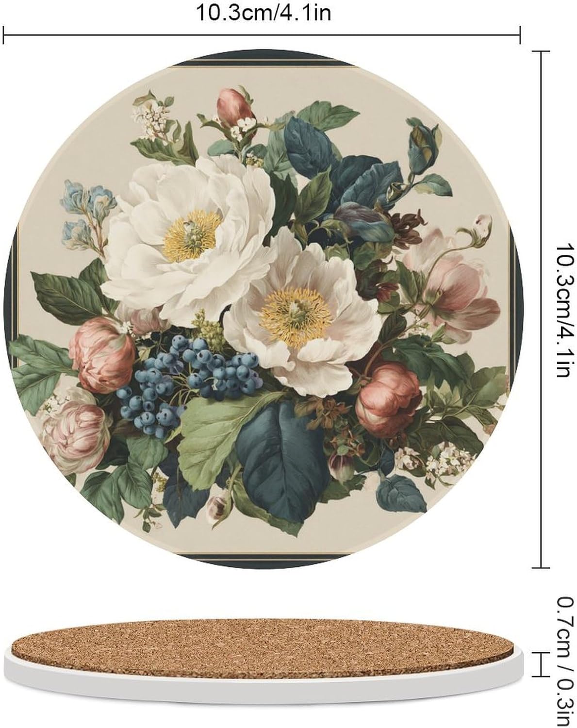 White Pink Flowers Blue Berries on Light Cream Coasters Set of 4 Absorbent Coasters
