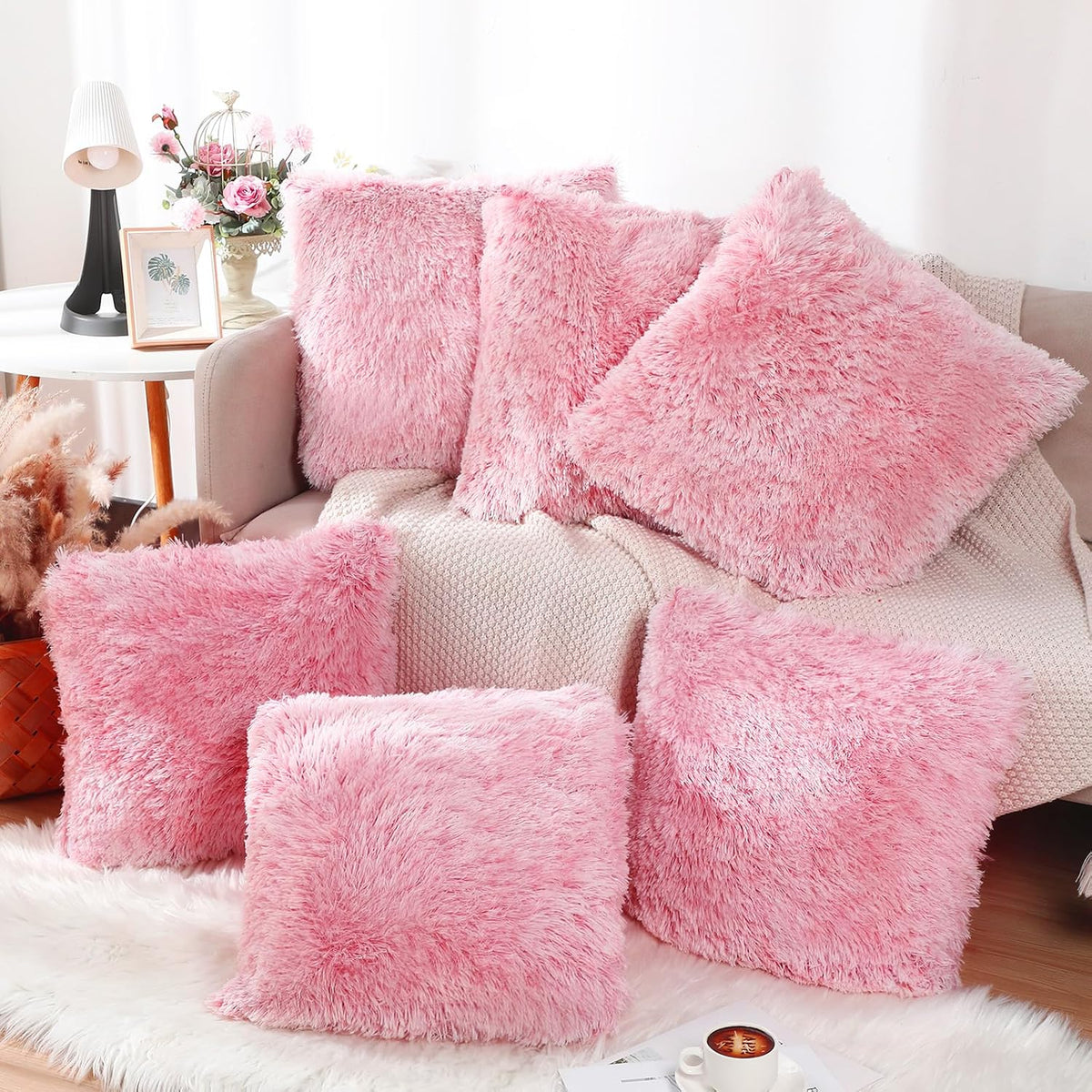 6 Pcs Fluffy Throw Pillow Covers Faux Fur, Pink
