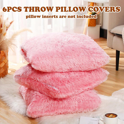 6 Pcs Fluffy Throw Pillow Covers Faux Fur, Pink