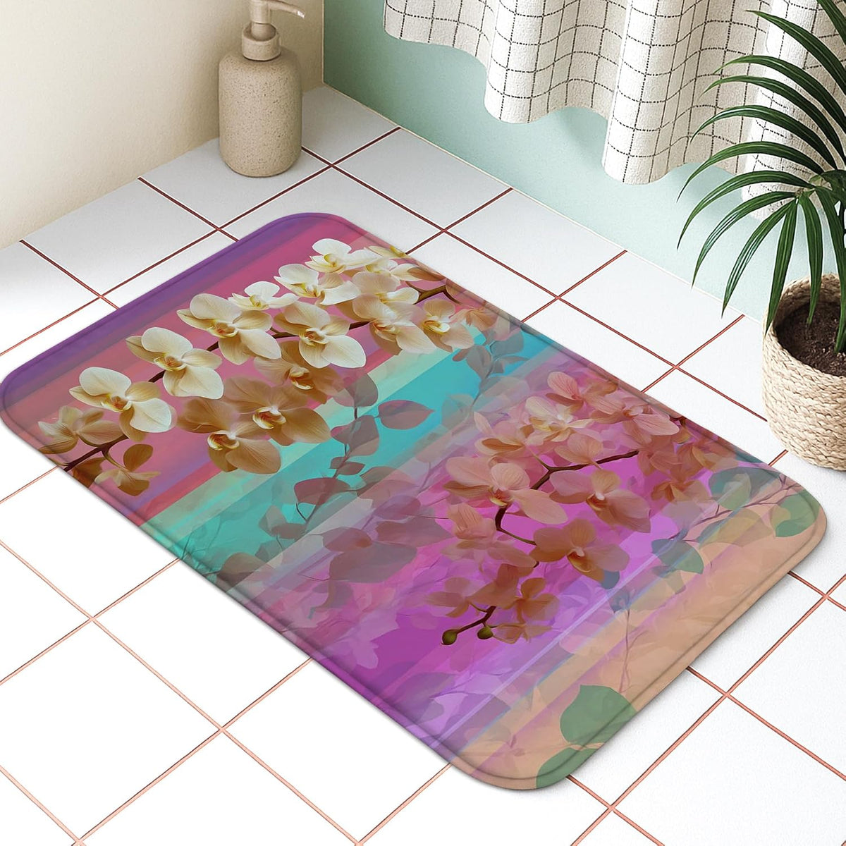 Spring Floral Quick Dry Bath Mat, Vibrant Peach Blossom Pattern Non Slip Shower Mat, Elegant Memory Foam Washable Bath Rugs for Bathroom Toilet Restroom Decorative 20x32 Inch