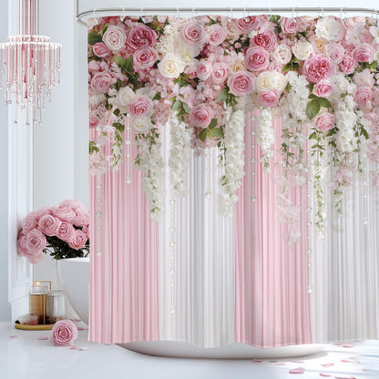 Pink Floral Shower Curtain Girly Romantic Spring Bathroom Curtain Set