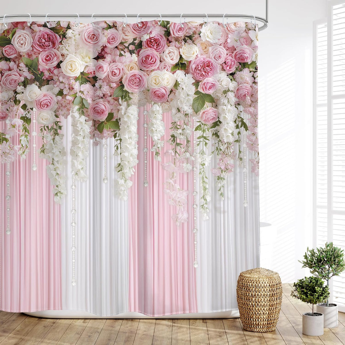 Pink Floral Shower Curtain Girly Romantic Spring Bathroom Curtain Set