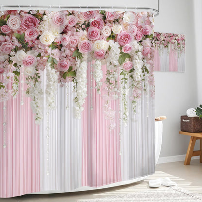 Pink Floral Shower Curtain Girly Romantic Spring Bathroom Curtain Set