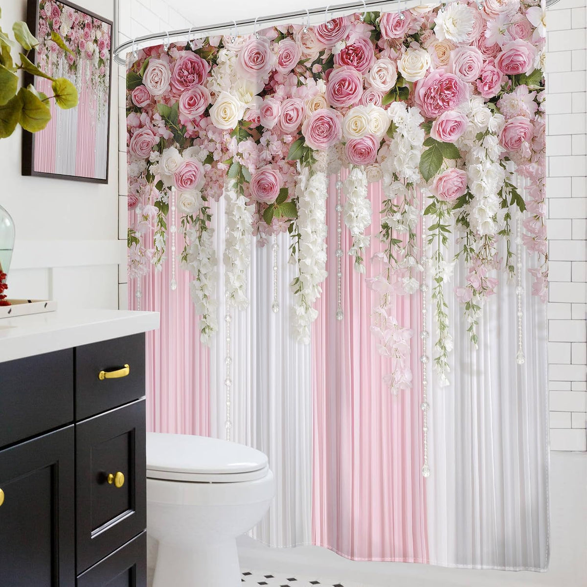 Pink Floral Shower Curtain Girly Romantic Spring Bathroom Curtain Set