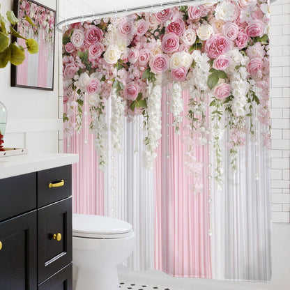 Pink Floral Shower Curtain Girly Romantic Spring Bathroom Curtain Set