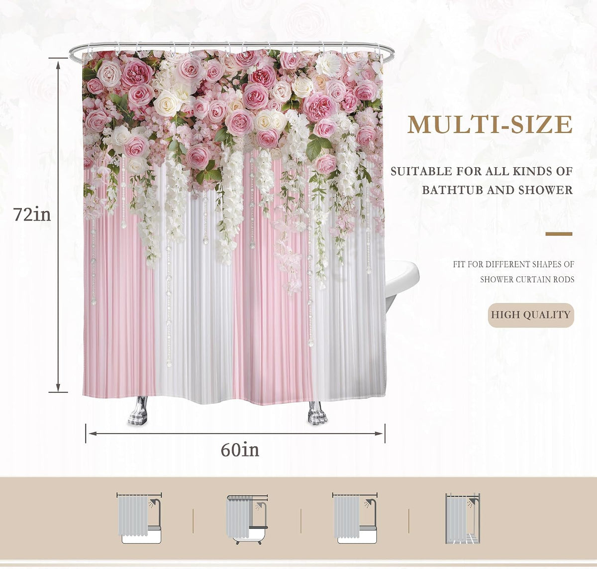 Pink Floral Shower Curtain Girly Romantic Spring Bathroom Curtain Set