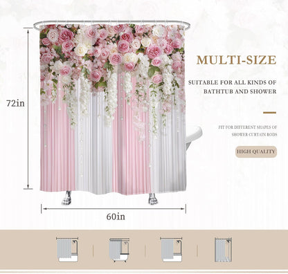 Pink Floral Shower Curtain Girly Romantic Spring Bathroom Curtain Set