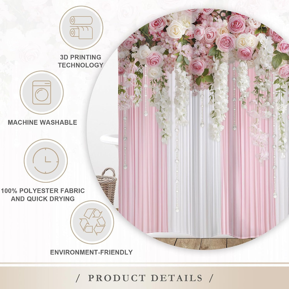 Pink Floral Shower Curtain Girly Romantic Spring Bathroom Curtain Set