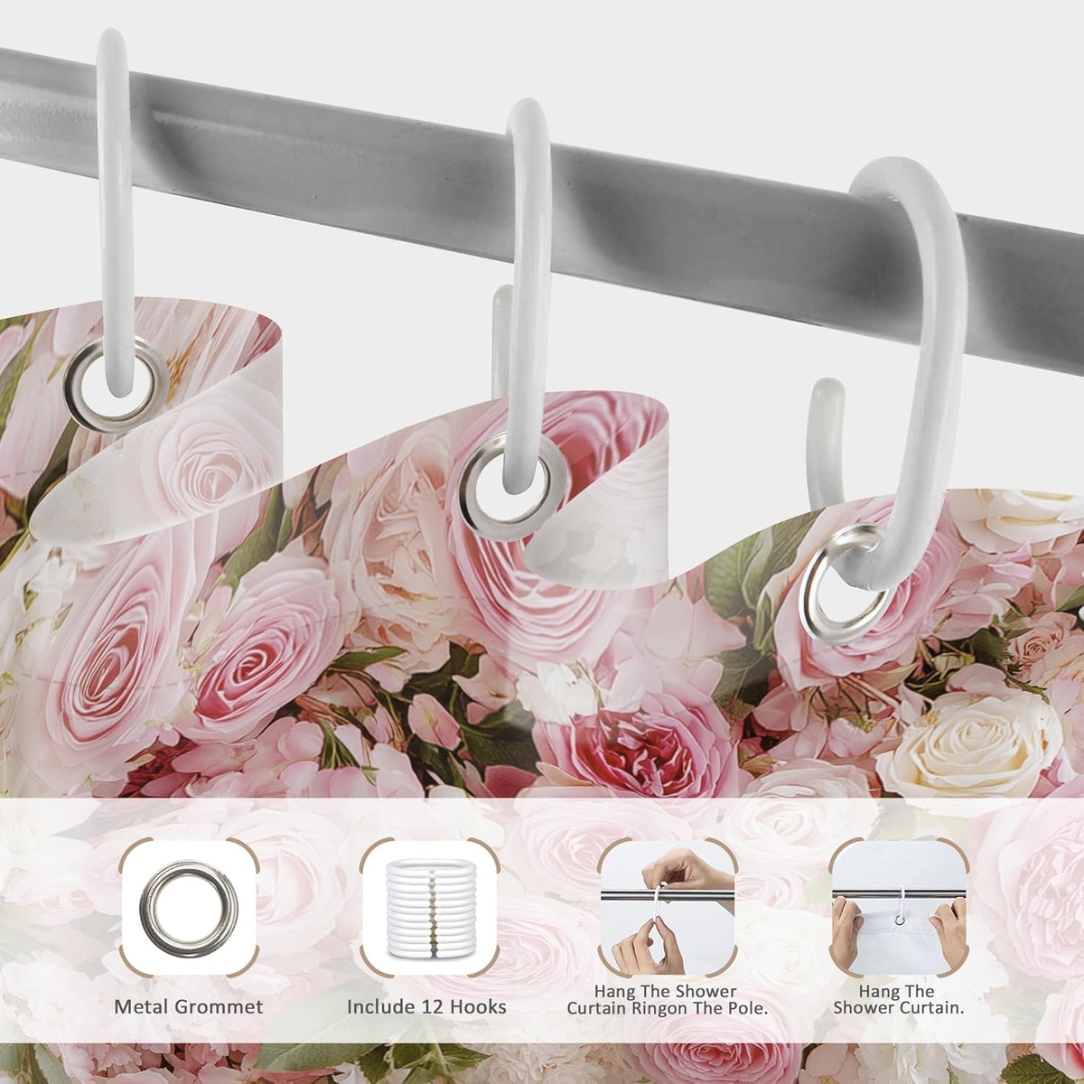 Pink Floral Shower Curtain Girly Romantic Spring Bathroom Curtain Set
