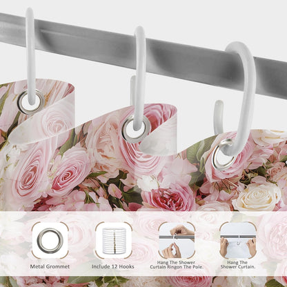 Pink Floral Shower Curtain Girly Romantic Spring Bathroom Curtain Set