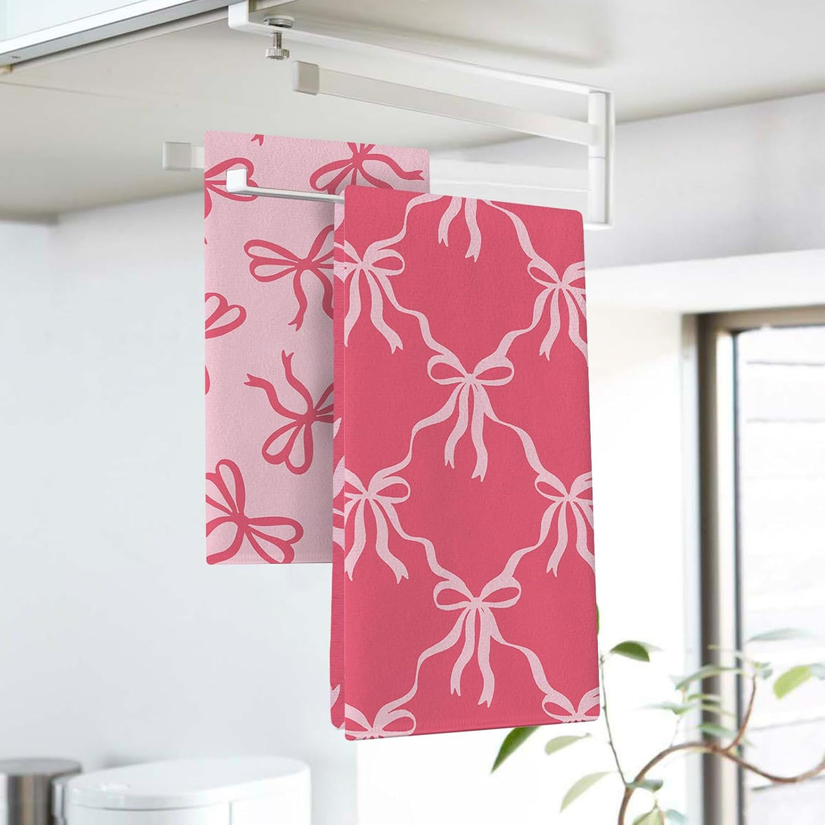 Pink Bow Kitchen Dish Towels Set of 2, Coquette Ribbon Preppy Drying