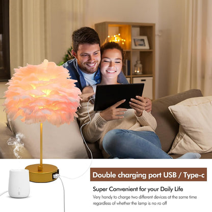 ZYLEIESENBAO Pink Feather USB Charger Table Lamp Feather Bedside Lamp Cute Nightstand Lamp with Outlets Princess Desk Light for Girl Bedroom Living Room Entryway Hotel Wedding Women's Gift Decoration
