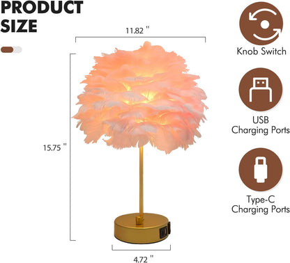 ZYLEIESENBAO Pink Feather USB Charger Table Lamp Feather Bedside Lamp Cute Nightstand Lamp with Outlets Princess Desk Light for Girl Bedroom Living Room Entryway Hotel Wedding Women's Gift Decoration