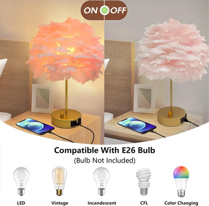 ZYLEIESENBAO Pink Feather USB Charger Table Lamp Feather Bedside Lamp Cute Nightstand Lamp with Outlets Princess Desk Light for Girl Bedroom Living Room Entryway Hotel Wedding Women's Gift Decoration