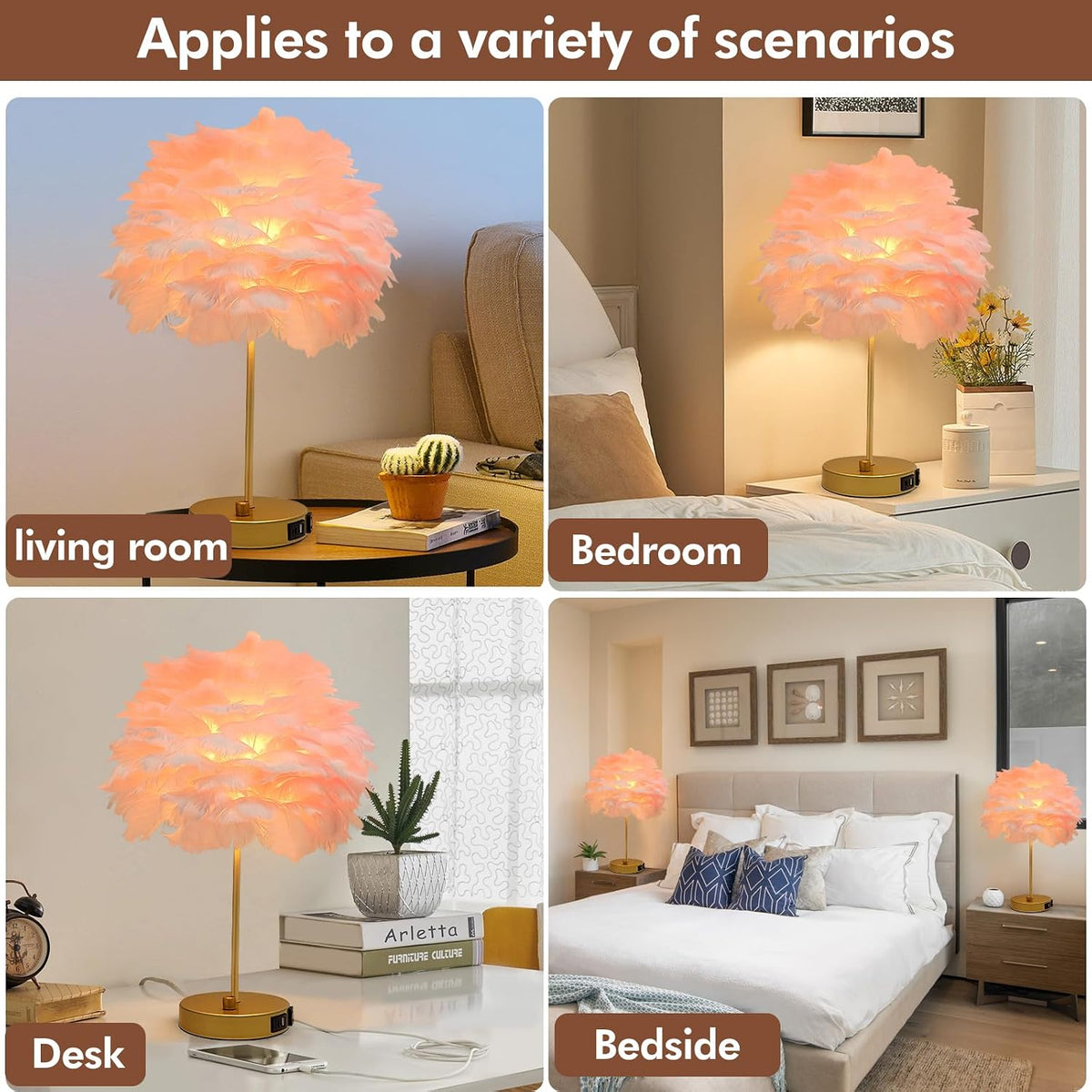 ZYLEIESENBAO Pink Feather USB Charger Table Lamp Feather Bedside Lamp Cute Nightstand Lamp with Outlets Princess Desk Light for Girl Bedroom Living Room Entryway Hotel Wedding Women's Gift Decoration