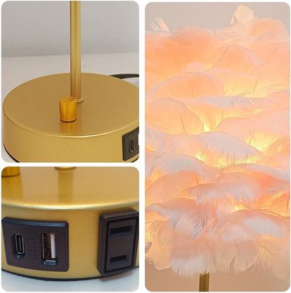 ZYLEIESENBAO Pink Feather USB Charger Table Lamp Feather Bedside Lamp Cute Nightstand Lamp with Outlets Princess Desk Light for Girl Bedroom Living Room Entryway Hotel Wedding Women's Gift Decoration