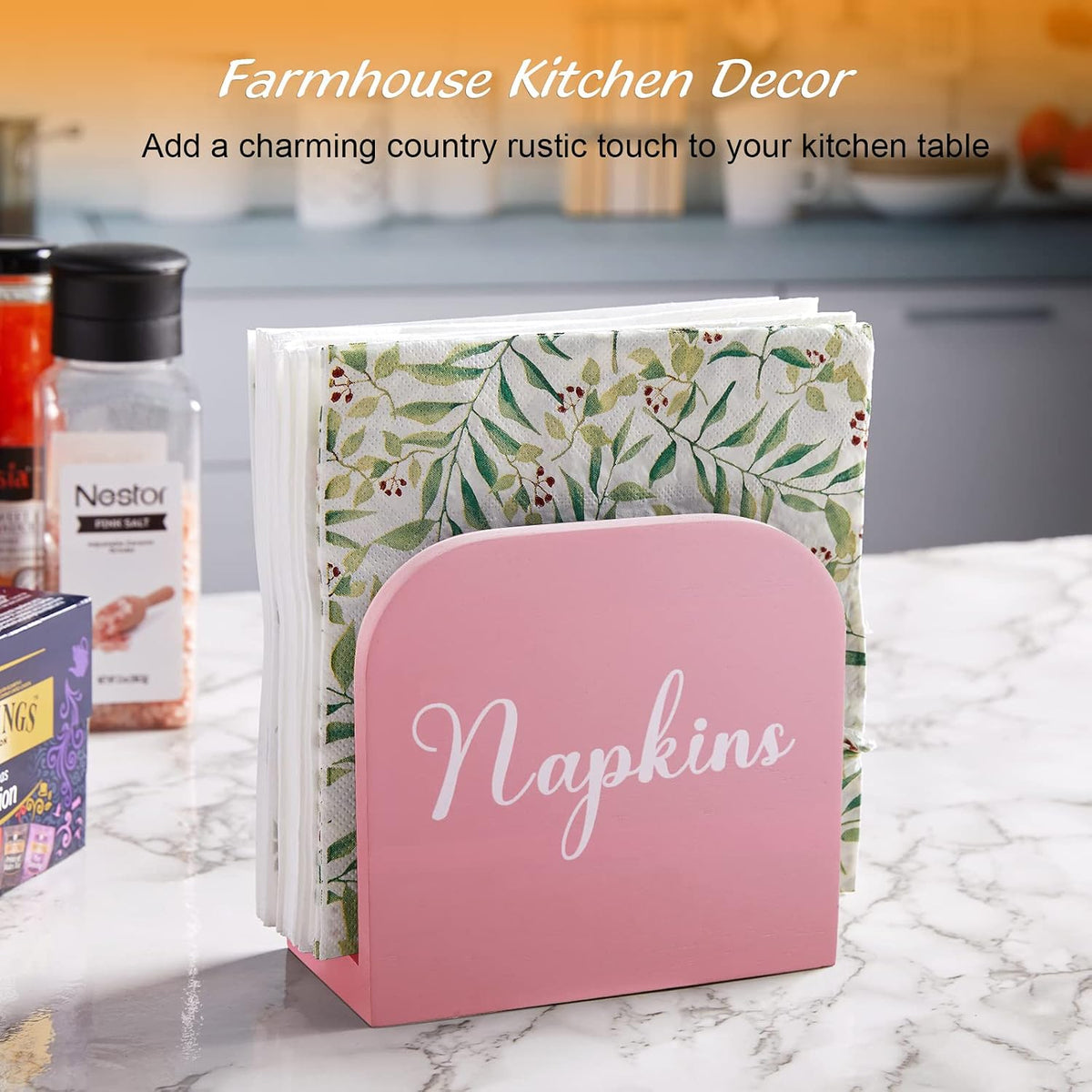 Pink Napkin Holder for Table - Wooden Napkin Holders for Kitchen - Pink Kitchen Decor and Accessories for Dining Room Table - Wood Napkin Dispenser