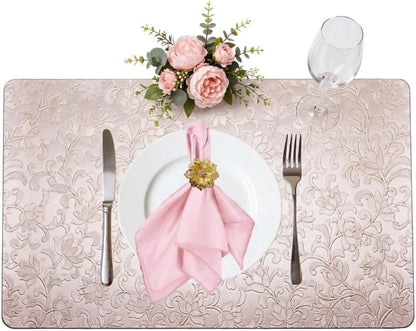 PBUH Pink Placemats 18 pcs Heat Resistant+ Non Slip+Washable (6 placemats 6 Silk Fabric Napkin, 6 Golden Flower Metal Ring)